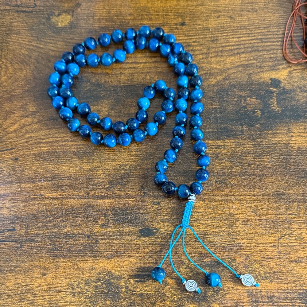 Blue tiger eye stone mala necklace